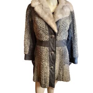 Vintage Canadian Fur Co Curly Lamb Coat Leather Trim Fur Collar